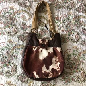 “Bags & beads” y2k Brown and cream corduroy cow print leather crossbody purse